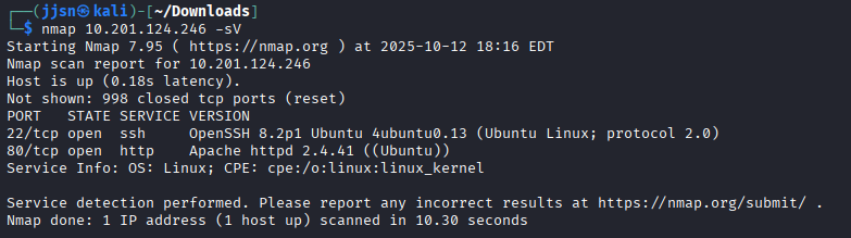 nmap results with versions for services